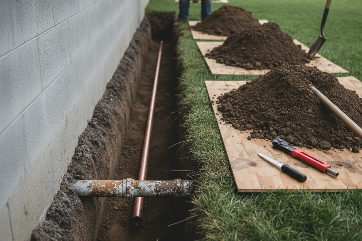Excavated water line trench during Water Softener Installation in Potlatch